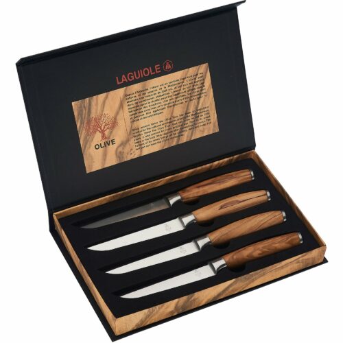 Laguiole Biffkniver med skjefter av oliventre, 4 stk.